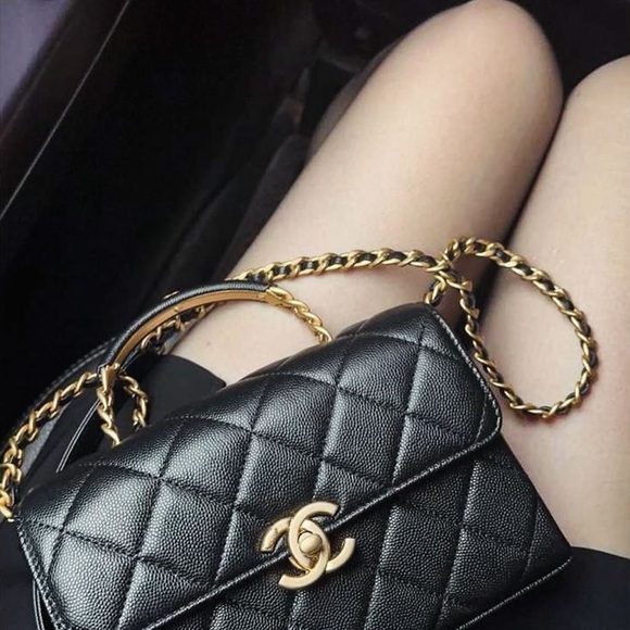 CHANEL 23S Classic Top  Handle Flap Black Caviar Leather Gold HWR Small Bag! - Picture 5 of 16